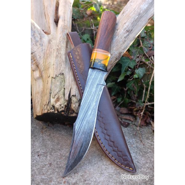 Beau Poignard Couteau Legolas Damas Lame 256 Couches Manche Bois Fabrication Artisanale Etui Cuir