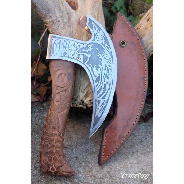 Hache de Viking Ragnar Lame Acier Carbone 1055 T�te Viking Manche Bois Etui Cuir Fabric Artisanale