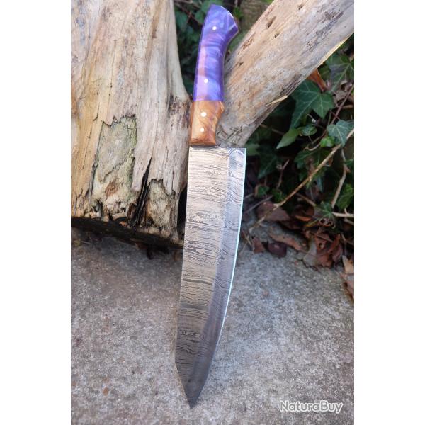 Couteau De Cuisine Style Japonais Lame Acier Damas 256 Couches Manche R�sine/Bois Fabric Artisanale