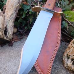 Couteau De Trappeur Original Bowie Lame Acier Carbone 1055 Manche Bois Etui Cuir