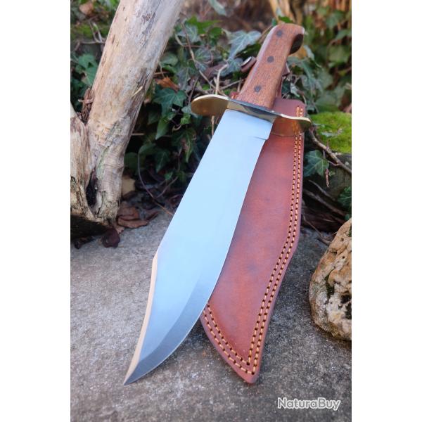 Couteau De Trappeur Original Bowie Lame Acier Carbone 1055 Manche Bois Etui Cuir