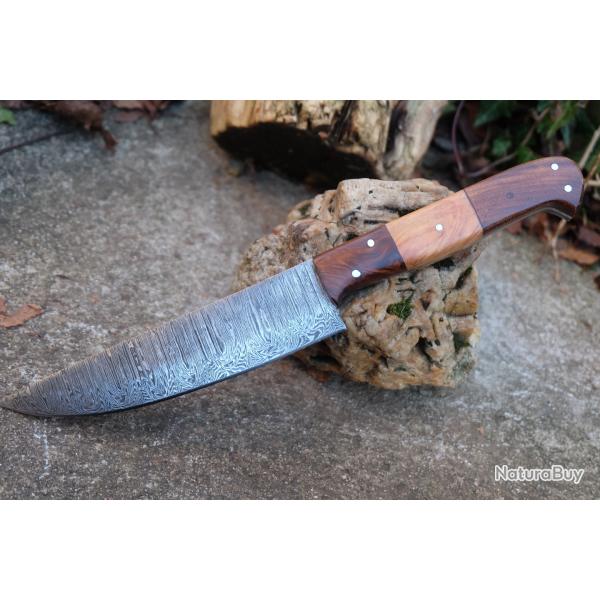 Couteau De Cuisine de Chef Lame Acier Damas 256 Couches Manche Bois Fabrication Artisanale 000