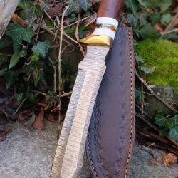 Poignard XXL Couteau Damas Lame 256 Couches Clip Point Manche Bois Fabr Artisanale Etui Cuir