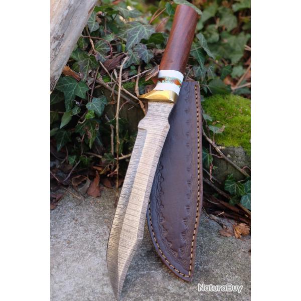 Poignard XXL Couteau Damas Lame 256 Couches Clip Point Manche Bois Fabr Artisanale Etui Cuir