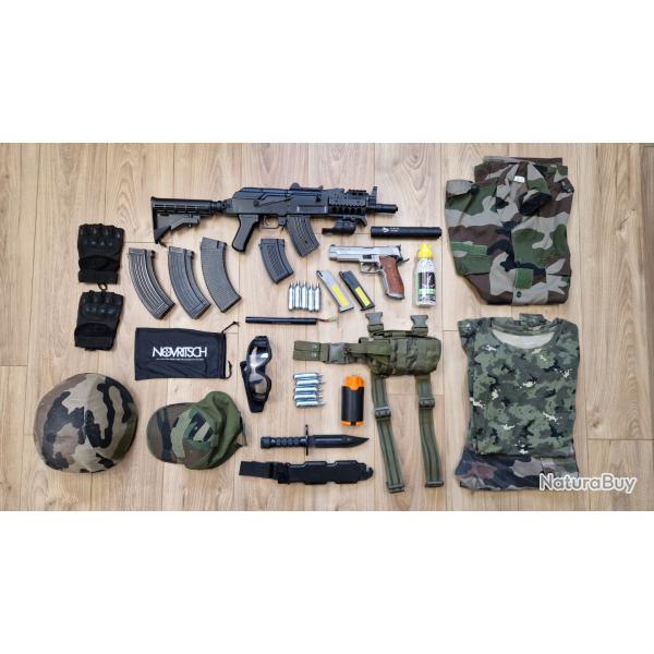 Lot airsoft r�plique longue + r�plique de poing + tenues et protections