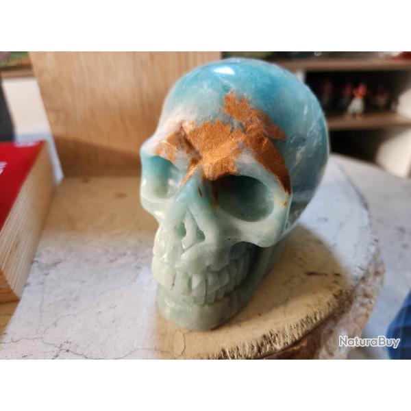 Sculpture de cr�ne en amazonite : tr�sor de la Terre, veine dor�e