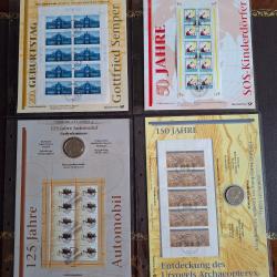 Lot 4 numisblatt avec 4 pi&egrave;ces de 10 euros en argent massif et feuilles de timbres 48 gr. argent pur