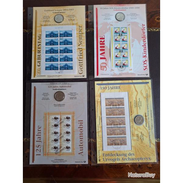 Lot 4 numisblatt avec 4 pi�ces de 10 euros en argent massif et feuilles de timbres 48 gr. argent pur