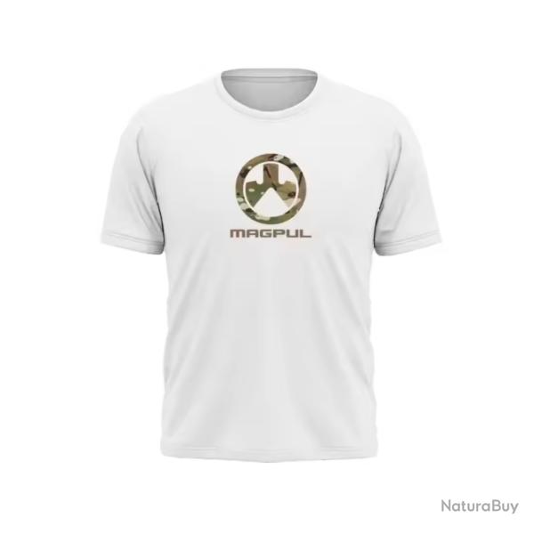 Tee shirt blanc avec impression logo Magpul vert camouflage sur le devant