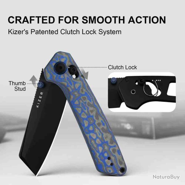 Couteau Kizer Madrac Lame Reverse Tanto Acier Nitro-V Manche Blue Vortex Micarta Clutch KIV3693A4