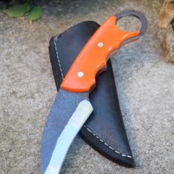 Couteau Karambit Tactical Lame Acier Carbone 1075 Manche R&eacute;sine Etui Simili Cuir Fabr Artisanale