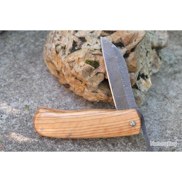 Couteau Pi�montais Manche Bois Olivier Lame Acier Damas 128 Couches Sheepsfoot Fabric Artisanale 01