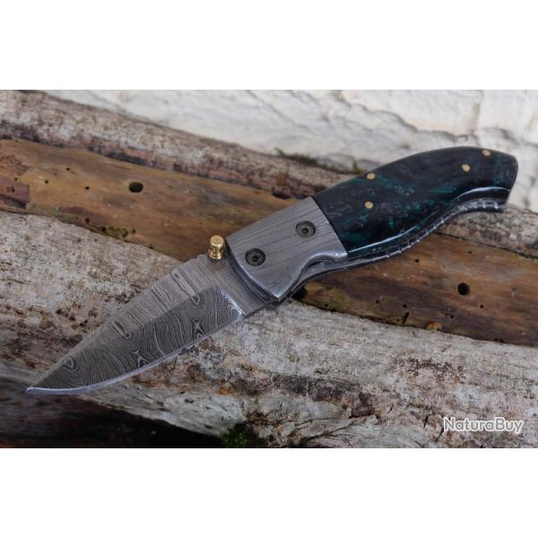 Beau Couteau Damas Lame Drop Point & Mitres Acier Damas 128 Couches Manche R�sine Fabric Artisanale