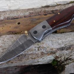 Beau Couteau Damas Lame 128 Couches Manche Bois Mitres Damas Fab Artisanale Linerlock 000