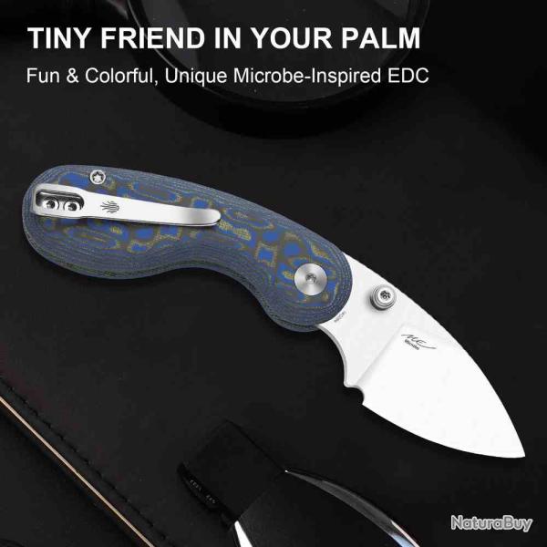 Couteau Kizer Microbe Lame Drop Point Acier 14C28N Manche Blue Vortex Micarta Button Lock KIV2742A6