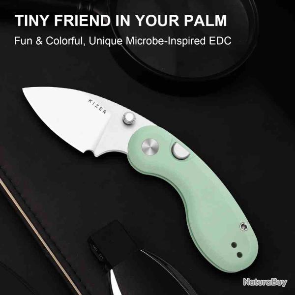 Couteau Kizer Microbe Lame Drop Point Acier 14C28N Manche Jade G10 Button Lock KIV2742A4