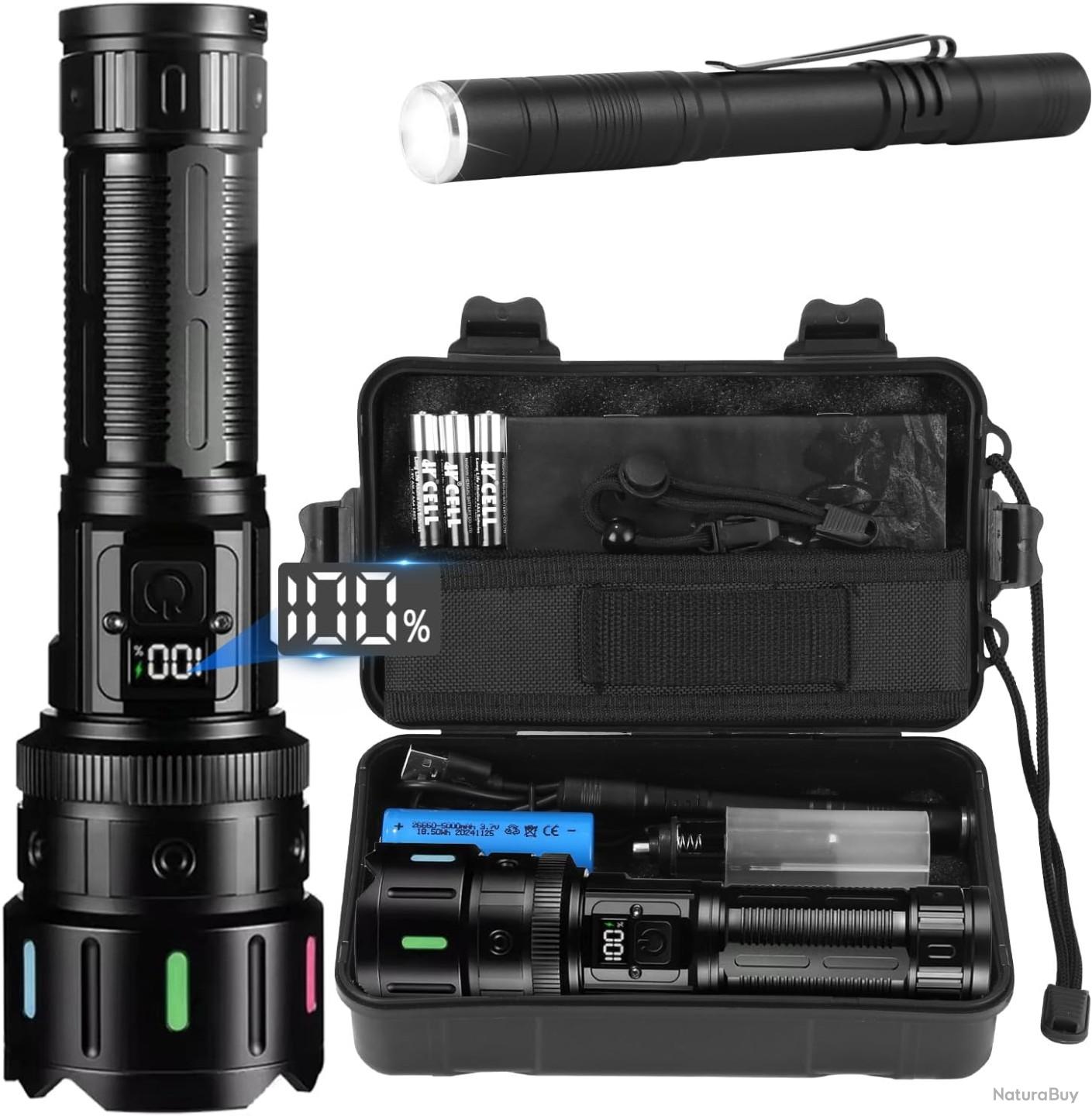 Lampe Torche LED Ultra Puissante Rechargeable 5000mAh – Noire – 5 Modes