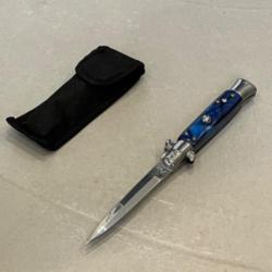 Stiletto Couteau automatique Mafia Milano Lame Acier 440 Manche Abs bleu Etui ench&egrave;re