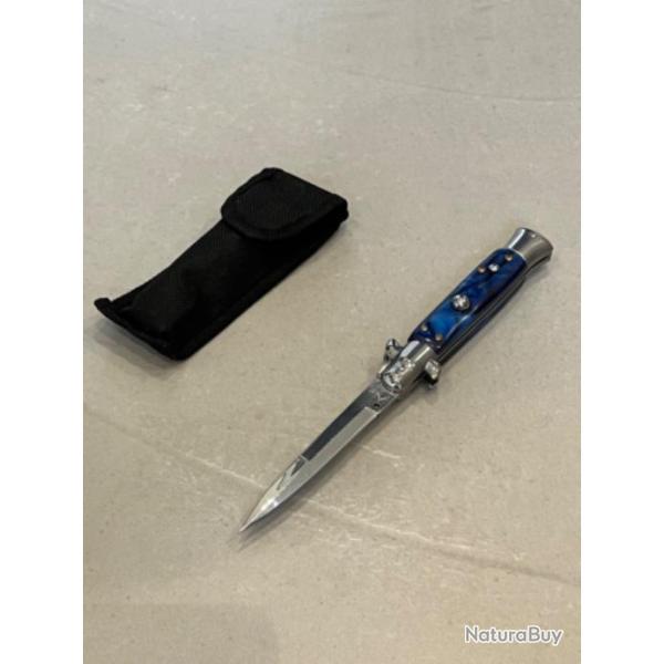 Stiletto Couteau automatique Mafia Milano Lame Acier 440 Manche Abs bleu Etui ench�re