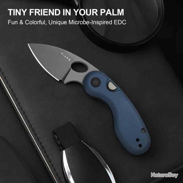 Couteau Kizer Microbe Lame Drop Point Acier 14C28N Manche Blue Aluminum Button Lock KIV2742A1