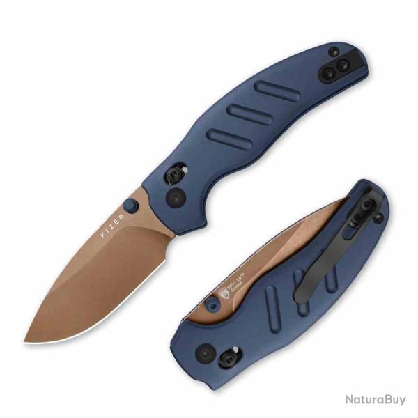 Couteau Kizer C01C 2.9 CD Lame Drop Point Acier Elmax Manche Blue Aluminum Clutch Lock KI348829CDA1