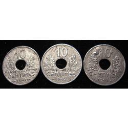 3x10 centimes zinc 1941-1942-1943  grand module  tb+