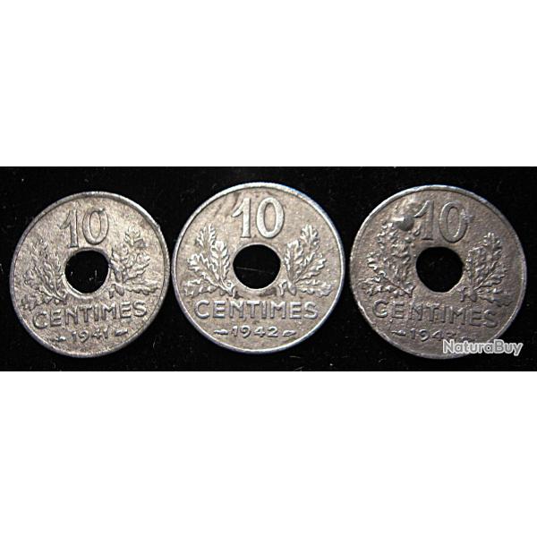 3x10 centimes zinc 1941-1942-1943  grand module  tb+