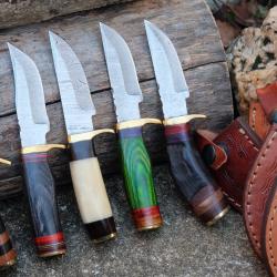 LOT DE 5 Couteau Skinner Damas Lame 256 Couches Manche Bois/Os/Corne/Cerf Fab Artisanale Etui Cuir