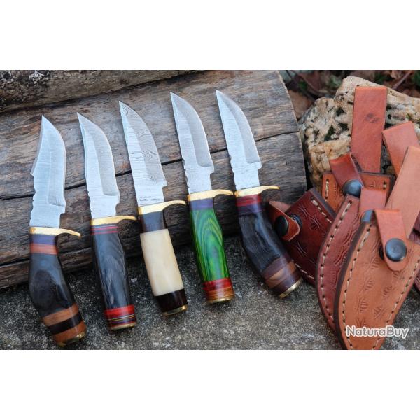 LOT DE 5 Couteau Skinner Damas Lame 256 Couches Manche Bois/Os/Corne/Cerf Fab Artisanale Etui Cuir
