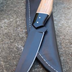 Couteau de Chasse Skinner Lame Drop Point Acier Carbone 1055 Black Manche Bois Etui Fabr Artisanale