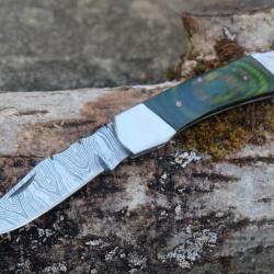 Couteau Lame Damas 128 Couches Manche Bois Cam&eacute;l&eacute;on Fa&ccedil;on Buck 112 Fabric Artisanale Lockback