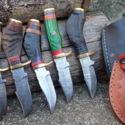 LOT DE 5 Couteau Skinner Damas Lame 256 Couches Manche Bois/Corne/Cerf Fab Artisanale Etui Cuir