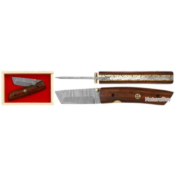 Couteau Tanto - Pliant Damas - Manche Bois d'Acacia