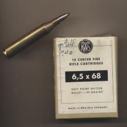 (5936)  PORT OFFERT Une boite de 6,5x68 Demie blind&eacute;e par RWS 93 gr