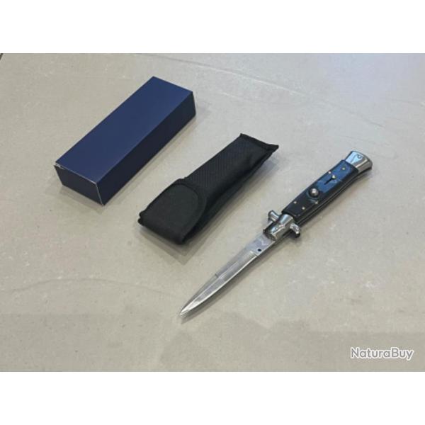 Stiletto Couteau automatique Lame 10.5 cm Acier 440 Manche Abs marbre noir Etui ench�re