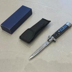 Stiletto Couteau automatique Lame 10.5 cm Acier 440 Manche Abs marbre noir Etui ench&egrave;r