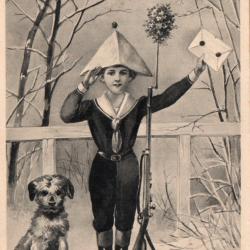 CPA - FANTAISIE - PETIT GARCON AVEC UNE LETTRE - FUSIL ET UN PETIT CHIEN -N&deg;4543