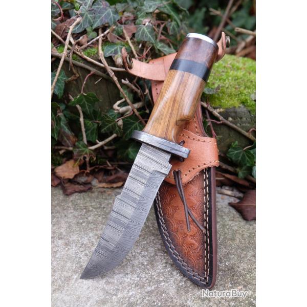 Skinner Couteau de Chasse Damas Lame & Garde 256 Couches Manche Bois Fabric Artisanale Etui Cuir