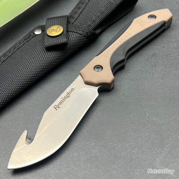 Couteau Remington Sportsman Guthook Manche Black/Tan Polymer Lame Acier 440 Etui Nylon
