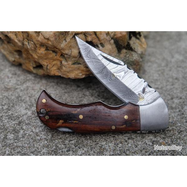 Couteau Lame Damas 128 Couches Manche Bois Rosewood Fa�on Buck 112 Fabrication Artisanale Lockback01