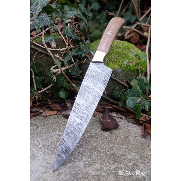 Couteau De Cuisine de Chef Lame Acier Damas 256 Couches Manche Bois/Laiton Fabrication Artisanale