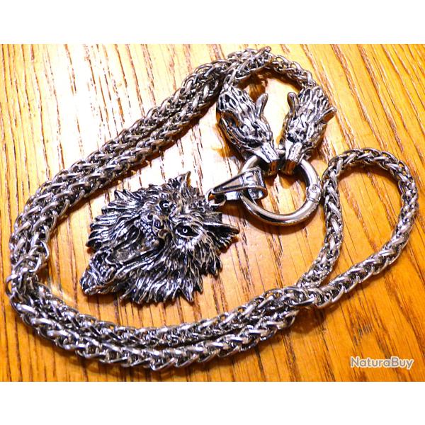 MAGNIFIQUE PENDENTIF T�TE DE LOUP ARGENTE+CHA�NE AVEC 2 T�TES DE LOUPS MORDANT L'ANNEAU DU PENDENTIF