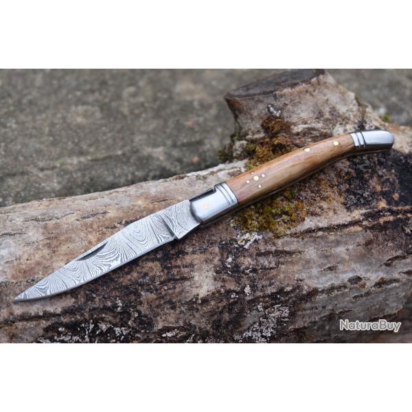 Couteau De Berger Damas Lame 128 couches Fa�on Laguiole Abeille Manche Bois Fabric Artisanale