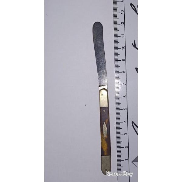 Ancien couteau pliant bout rond ouvre lettres couple papier vintage