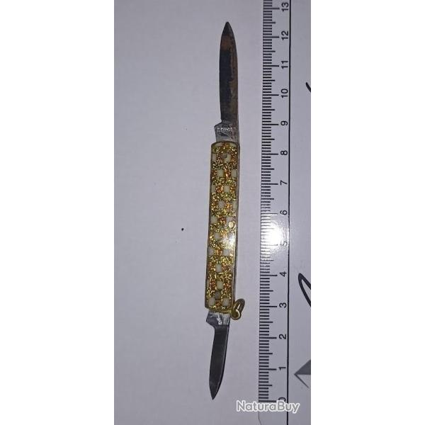 Ancien petit couteau de poche pliant paillettes dor�e vintage