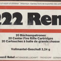 (5936) PORT OFFERT Une boite neuve 20 CARTS  222 REM RWS FMJ 50 grains