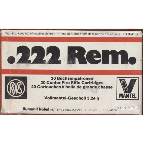 (5936) PORT OFFERT Une boite neuve 20 CARTS  222 REM RWS FMJ 50 grains