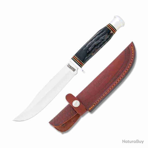 Couteau de Chasse Marbles Large Hunter Lame Acier Inox Manche Corne de Buffle Etui Cuir MR448