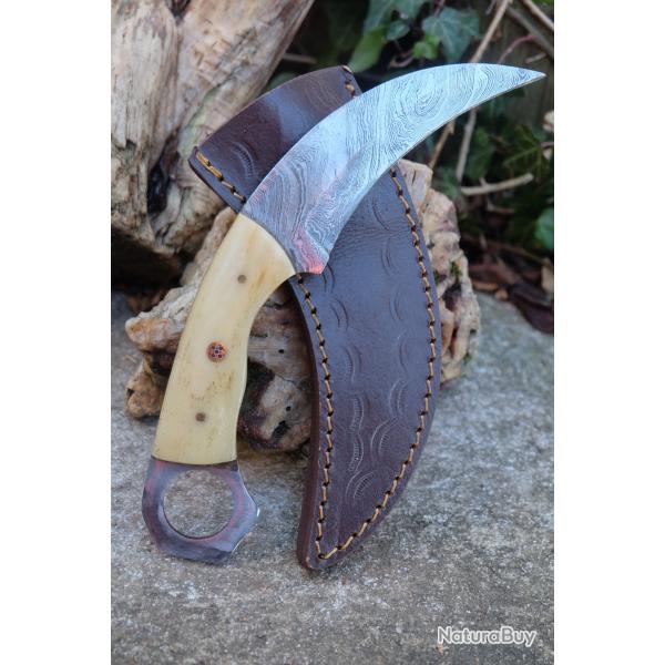Couteau Karambit Lame Acier Damas 256 Couches Manche Os Etui Cuir Fabr Artisanale