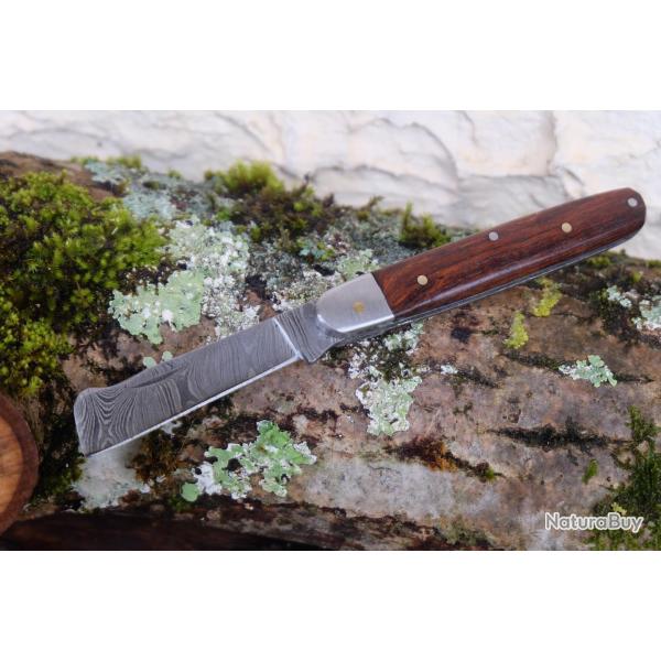 Greffoir Couteau Lame Damas 128 Couches Manche Bois Fabrication Artisanale Cran Forc�